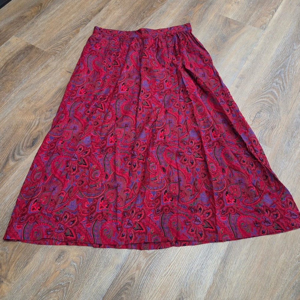 Vintage Pliers Red Paisley Midi Skirt 100% Rayon Made in USA Size 14 Boho A-Line